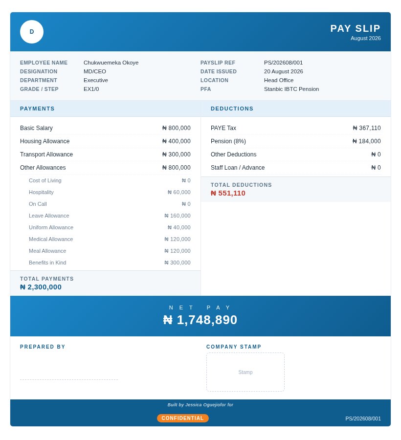 Nigerian payslip for August 2026 showing basic, housing and transport allowances, PAYE, 8% pension and net pay